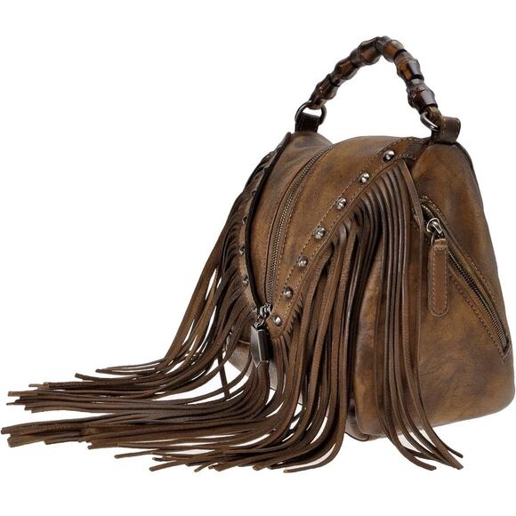 Boho Leather Crossbody Bamboo Hand Strap Featured Fringe Bohemian Tassel Brown - Picture 2 of 15